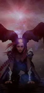 Dark angel with wings in mystical fantasy setting.