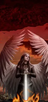 Dark angel with wings in a crimson sky.