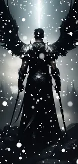 Dark angel with wings in a moody fantasy landscape.