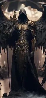 Dark angel in fantasy armor with wings, standing majestically.