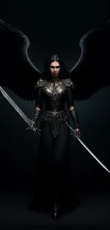 Dark angel with black wings and sword in fantasy wallpaper.