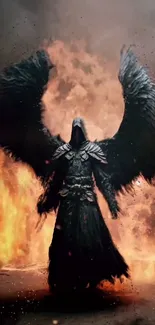 Dark angel with black wings amid fiery flames.