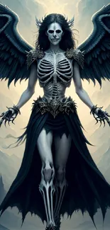 Dark angel with skeletal body and black wings in gothic artwork.