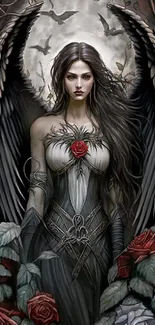 Gothic dark angel with roses and wings in fantasy art style.