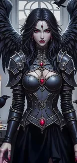 Gothic dark angel with black wings and armor in a mystical setting.
