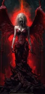 Gothic angel with red wings in a dark fantasy setting, ideal as a mobile wallpaper.