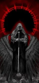 Dark angel with crimson halo and wings in gothic style wallpaper.