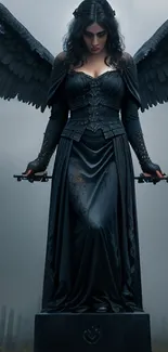 Dark angel with wings in a foggy cemetery, holding fiery swords.