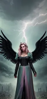 Dark angel with wings in a stormy cemetery, illuminated by lightning.