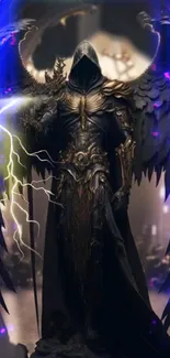 Dark angel with wings and lightning in a fantasy wallpaper.