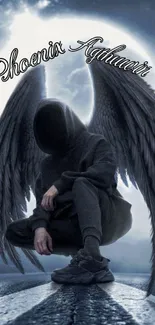 Dark angel with wings crouched on road.