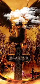 Dark angel perched on tombstone with fiery background.