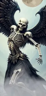 Dark angel skeleton with wings under a full moon on a mystical landscape.