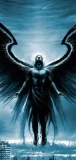 Dark angel in the night sky with powerful wings.