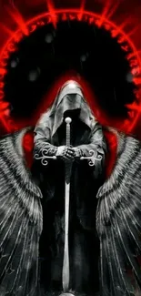 Dark angel with sword and wings in a red glowing aura.