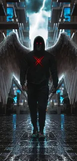 Dark angel with wings and red eyes on a city street with lightning.