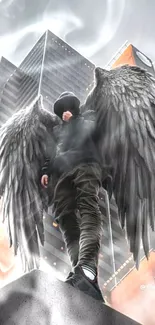 Dark angel with black wings in a cityscape urban wallpaper.