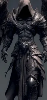 A dark-clad angel warrior with detailed armor and wings.