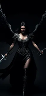 Dark Angel Warrior with wings and sword in a mystical pose.