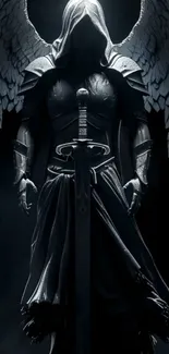 Dark angel warrior with wings and sword in armor.