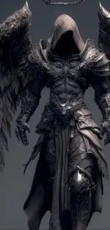 Dark angel warrior in grayscale with intricate armor and wings.