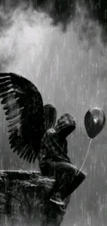 Black and white wallpaper of a winged figure with a balloon on a rainy cliff.