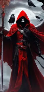 Dark angel with red cloak and crows in mystical scenery