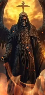 Dark angel with wings and glowing skull in fiery setting.