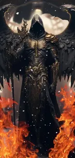 Dark angel with flaming wings in fantasy mobile wallpaper.