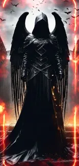 Dark angel with fiery wings and robe, mystical aura.