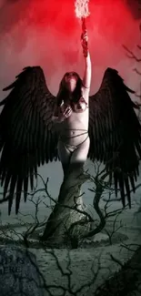 Dark angel holding a flaming torch with black wings and red sky.