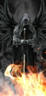 Dark angel with sword and wings, surrounded by mist.