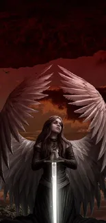 Dark angel with wings holding a sword against a crimson sky.