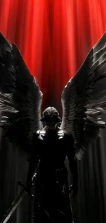 Dark angel silhouette with striking red light wings