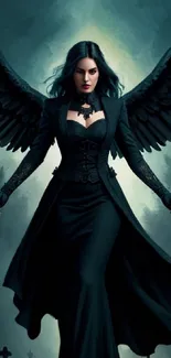 Mobile wallpaper featuring a dark angel with spread wings, set in a dramatic gothic scene.