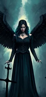 Dark angel with wings in a mystical setting.