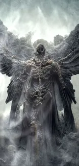 Dark gothic angelic figure in swirling mist wallpaper.