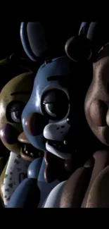 A dark wallpaper featuring three eerie animatronic characters in shadows.