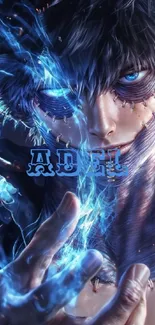 Anime character with blue flames and dark aesthetic.