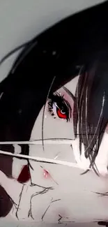 Dark anime character with red eyes and artistic expression.