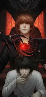 Intense anime artwork featuring two characters and a red apple.