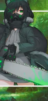 Anime character with chainsaw in dark green tones.