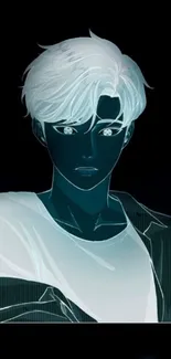 Inverted color anime character with white hair on black background.