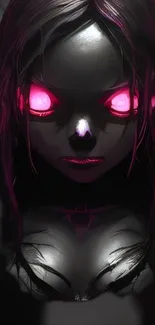 Mysterious dark anime character with glowing pink eyes and intense visual appeal.