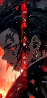 Dark anime character with red eyes in a dramatic, shadowy setting.