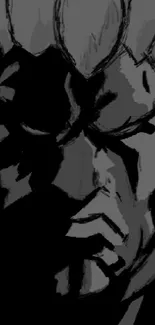 Dark anime character art with intense expression in grayscale tones.