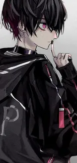 Anime character in a black hoodie with dark and edgy style.