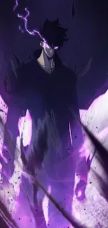 Anime character with purple electric aura and dark background.