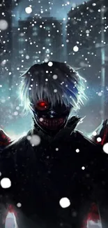 Dark anime character with red eye in a snowy urban setting.