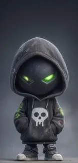 Hooded anime character with glowing eyes and skull design in dark theme.